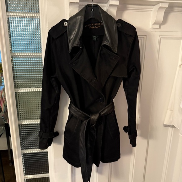 RALPH LAUREN Womens Black Denim Trench Coat Jacket Leather Collar Vtg Sz M - Picture 3 of 12
